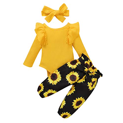 Verve Jelly Neugeborene Baby Mädchen Sonnenblumen Kleidung Langarm Rüschen Strampler Onesies Blumenhose und Stirnband Kleinkind Baby Kleidung Set von Verve Jelly