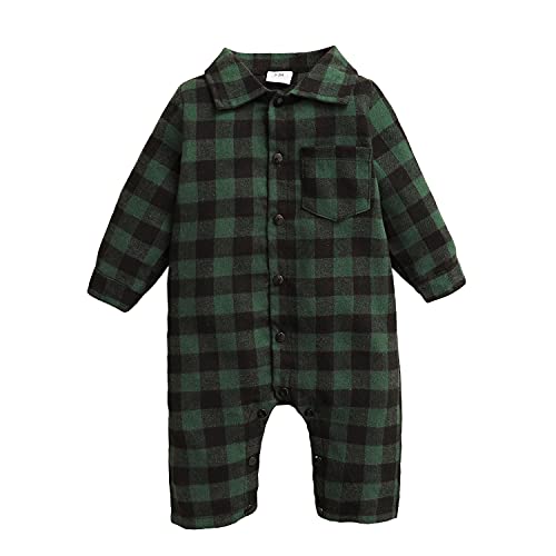 Verve Jelly Neugeborenes Baby Jungen Mädchen Kariertes Hemd Overall Einteiliger Langarm Button-Down Strampler Body Herbst Freizeitkleidung Outfits Grün 9-12 Monate von Verve Jelly