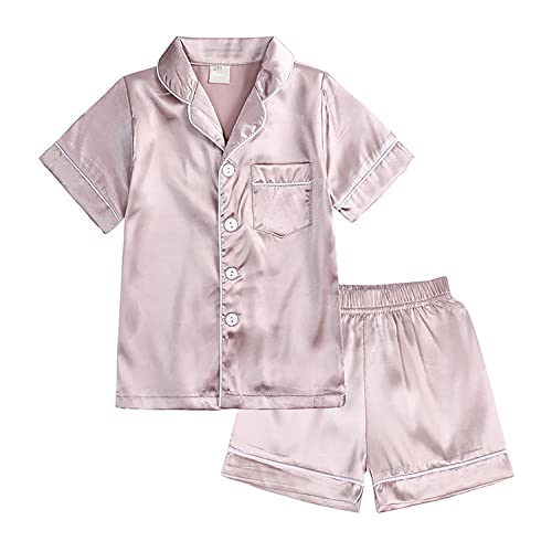 Verve Jelly Satin-Pyjama-Set für Jungen und Mädchen Seidenpyjama kurzärmliges Hemd Kurze Hose 2-teiliges Nachtwäsche-Set mit Button-Down-Nachtwäsche 160 Stil B Roségold 12–13 Jahre von Verve Jelly