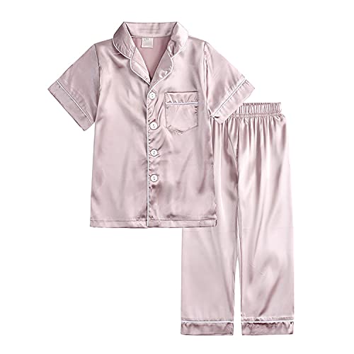 Verve Jelly Satin-Pyjama-Set für Kinder Kleinkinder Babys Mädchen und Jungen Kurzarm-Pyjama-Hemd mit Knopfleiste Oberteil und Hose Nachtwäsche Outfits 120 Stil A Roségold 4–5 Jahre von Verve Jelly