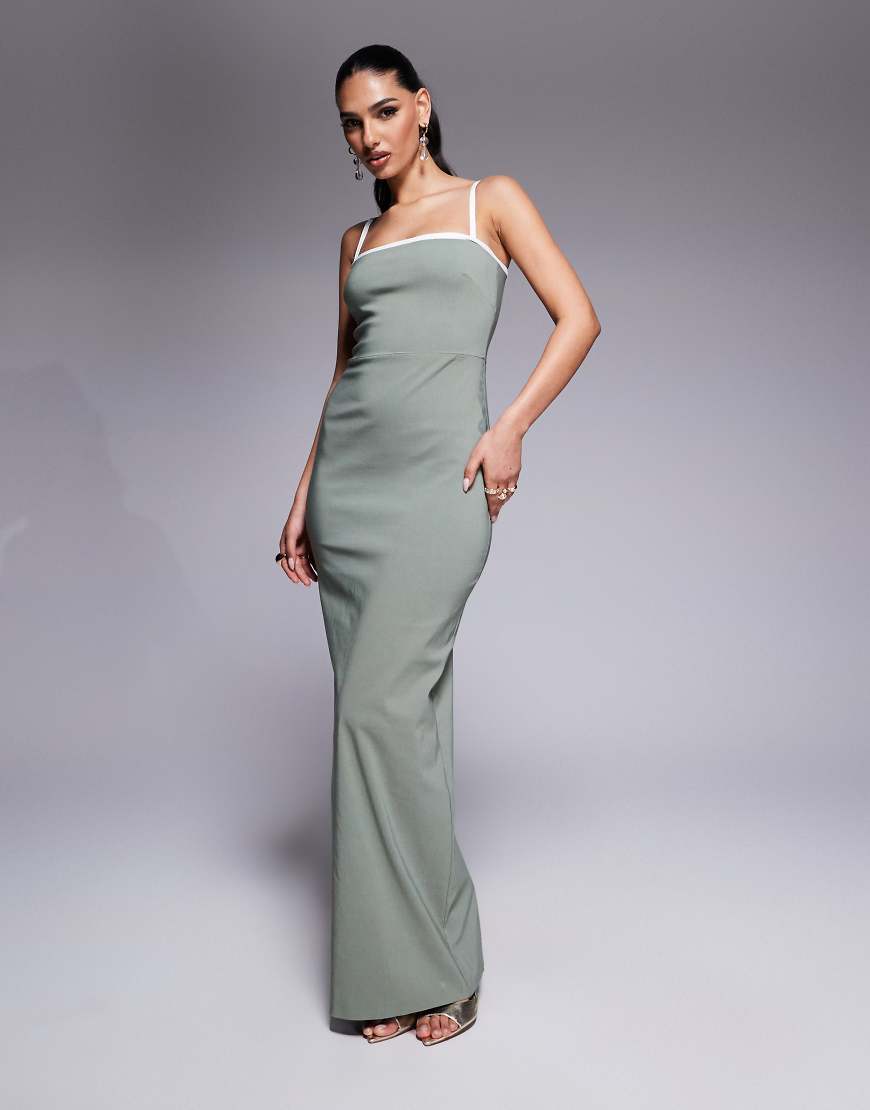 Vesper - Bodycon-Maxikleid in Salbeigrün mit eckigem Ausschnitt und kontrastierender Paspelierung Vesper - Bodycon-Maxikleid in Salbeigrün mit eckigem Ausschnitt und kontrastierender Paspelierung von Vesper