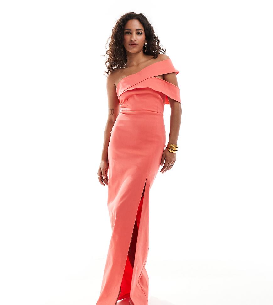 Vesper Petite - Asymmetrisches Maxikleid in Koralle mit One-Shoulder-Träger und Cut-Out-Detail und Oberschenkelschlitz-Orange Vesper Petite - Asymmetrisches Maxikleid in Koralle mit One-Shoulder-Träger und Cut-Out-Detail und Oberschenkelschlitz-Orange von Vesper