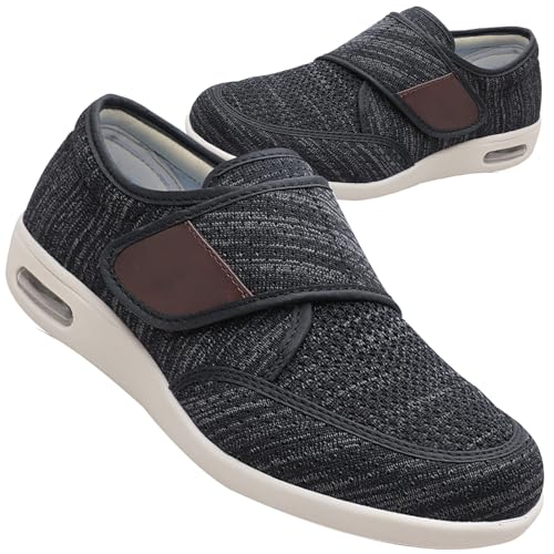 Herren Diabetiker Schuhe Weit Gesundheit Sneaker mit Klettverschluss Breit Halbschuhe Geschwollene Füße mit Fußgewölbestütze Schlappen Slip-On Schuhe(Color:Black Gray,Size:48 EU) von Vesxes