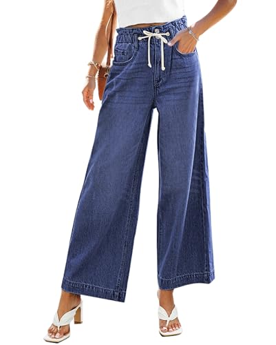 Vetinee Baggy-Jeans Hosen Damen Jeans Sommer Jeans Damen Damen Jeans Sommer Jeans Schlaghose Damen Boyfriend Jeans Damen Locker Dunkelheit Blau Größe Large Passt EU Größe 42 bis EU Größe 44 von Vetinee