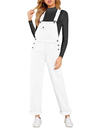 Vetinee Blaue Latzhose Arbeitshose Jeans Blaue Latzhose Damen Jumpsuit Damen Sommer Locker Jumpsuit Damen Weiß Jumpsuit Damen Jeans Brillantweiß Größe X-Large Passt EU Größe 46 bis EU Größe 48 von Vetinee