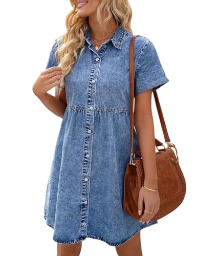 Vetinee Jeans Kleid Hemdblusenkleid Damen Damen Kleid Sommer Kleider Damen Frühling Kleider Für Damen Kleider Für Damen Kleider Für Frauen Größe XX-Large Passt EU Größe 50 bis EU Größe 52 Riff Blau von Vetinee