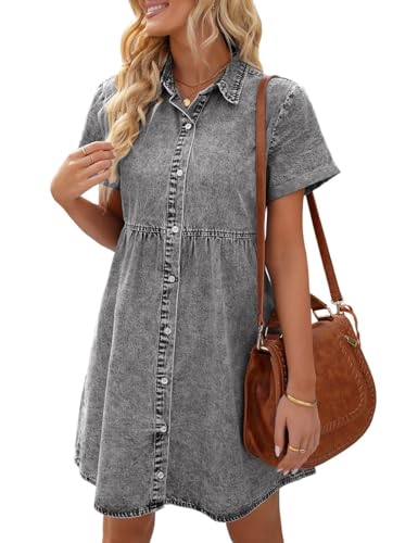 Vetinee Jeans Kleider Damen Sommer Shirtkleid Damen Tshirt Kleider Damen Sommer Frauen Kleider Sommer Oversize Kleid Damen Größe Medium Passt EU Größe 38 bis EU Größe 40 Foxy Gray von Vetinee