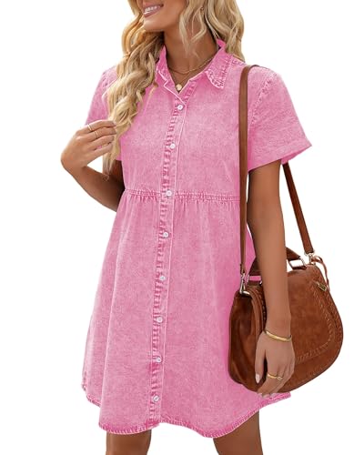 Vetinee Jeanskleid Sommerkleid Damen Knielang Kleid Pink Damen Sommer Rosa Kleid Damen Kleid Rosa Damen Kleid Pink Damen Sommer Größe X-Large Passt EU Größe 46 bis EU Größe 48 Aurora Rosa von Vetinee