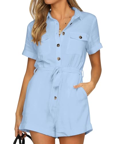 Vetinee Jumpsuit Damen Sommer Jumpsuit Kurz Damen Sommer Jumpsuit Damen Kurz Sommer Overall Damen Kurz Kurzer Jumpsuit Damen Sommer Luftiges Blau Größe X-Small Passend für EU Größe 30 bis EU Größe 32 von Vetinee