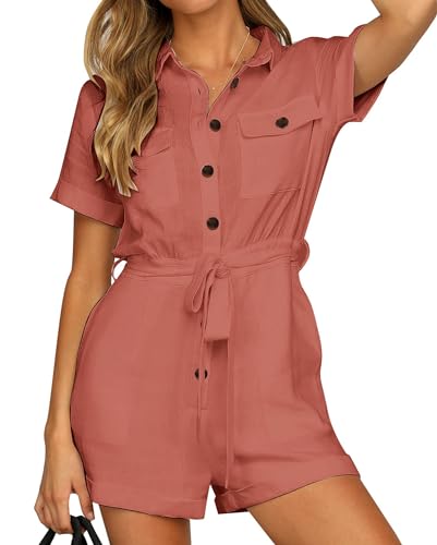 Vetinee Overall Damen Sommer Kurz Damen Jumpsuit Sommer Jumpsuits für Damen Sommer Jumpsuit Sommer Damen Damen Overall Sommer Ziegelstaub Größe Small Passend für EU Größe 34 bis EU Größe 36 von Vetinee