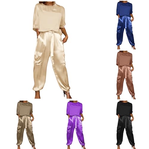 Vhersily Damen Sommer Trainingsanzug 2 Teiler Hosenanzug Damen Glattes Satin-Oberteil und Hose Einfarbig Glitzer Sportanzug 2 Teilig Sportswear Sweatshirt und Jogginghose Trendy Baggy Set von Vhersily