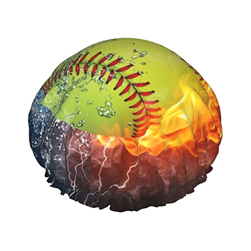 Duschhaube, orangefarbener Softball-Baseball auf Feuer und Wasser, bedruckte Badekappe, wasserdicht, wiederverwendbar, Duschhut für Damen und Herren, Haar-Badekappen von VhoMes