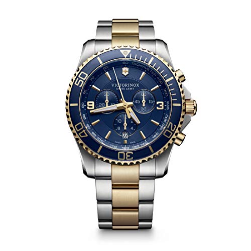 Victorinox Herren-Uhr Maverick Chronograph, Herren-Armbanduhr, analog, Quarz, Wasserdicht bis 100 m, Gehäuse-Ø 43 mm, Armband 22 mm, 208 g, Blau/Silber/Gold von Victorinox