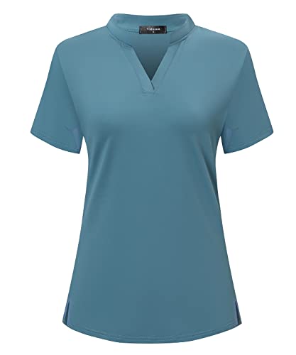 Vidusou Damen Kurzarm Golf Polo Shirts Tennis Shirts Sport T-Shirts Workout Tops, Kragenlos, Grün, Klein von Vidusou