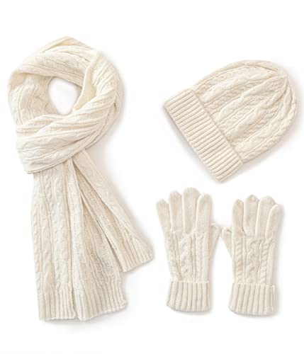 Villand 3 in 1 Damen Wolle Mütze, Schal & Handschuh Winter Sets, 3-teilige Zopfstrickmütze für Damen mit Geschenkbox (Weiß) von Villand