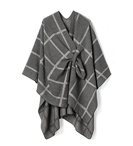 Villand Schal für Damen Poncho-Umhang Cardigan mit offener Vorderseite, Gürtel und Geschenktüte für Herbst und Winter (Hellgraues Plaid) von Villand