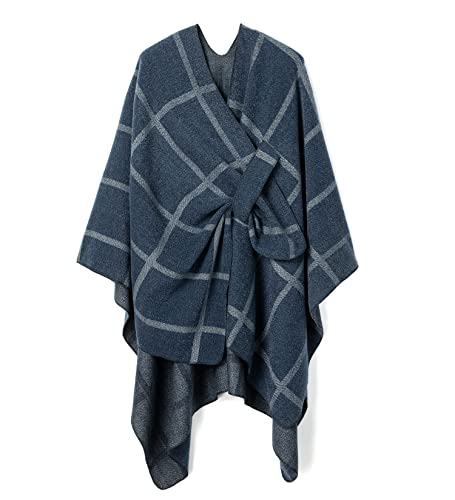 Villand Schal für Damen Poncho-Umhang Cardigan mit offener Vorderseite, Gürtel und Geschenktüte für Herbst und Winter (Blaugrau Plaid) von Villand