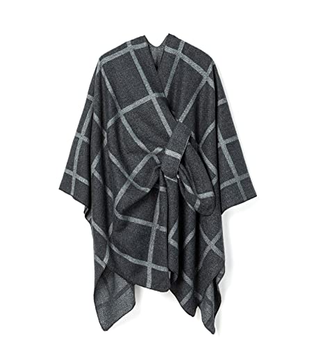 Villand Schal für Damen Poncho-Umhang Cardigan mit offener Vorderseite, Gürtel und Geschenktüte für Herbst und Winter (Dunkelgrau Plaid) von Villand