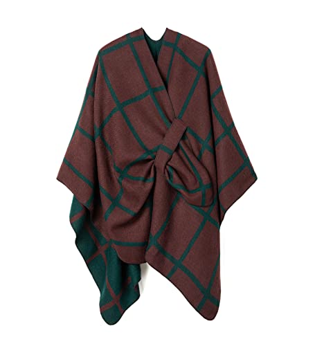 Villand Schal für Damen Poncho-Umhang Cardigan mit offener Vorderseite, Gürtel und Geschenktüte für Herbst und Winter (Kamel & Grünes Plaid) von Villand