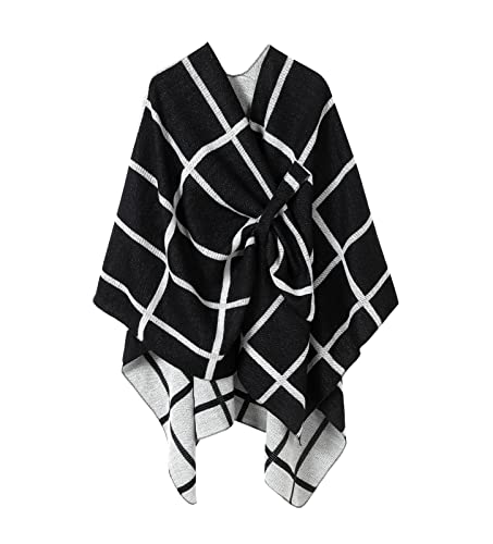 Villand Schal für Damen Poncho-Umhang Cardigan mit offener Vorderseite, Gürtel und Geschenktüte für Herbst und Winter (Weiß Schwarz Plaid) von Villand