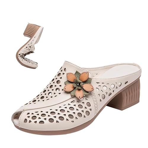 Damen-Peep-Toe-Pantoletten aus Leder, Plateau-Clogs mit klobigem Absatz, Retro-Blumen-Slip-on-Komfort, Hohle Freizeitkleid-Sandalen(Color:Beige,Size:35) von Vimlo