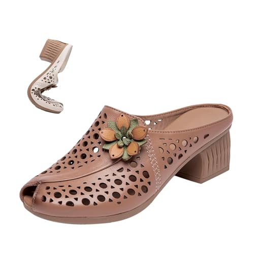 Damen-Peep-Toe-Pantoletten aus Leder, Plateau-Clogs mit klobigem Absatz, Retro-Blumen-Slip-on-Komfort, Hohle Freizeitkleid-Sandalen(Color:Brown,Size:35) von Vimlo