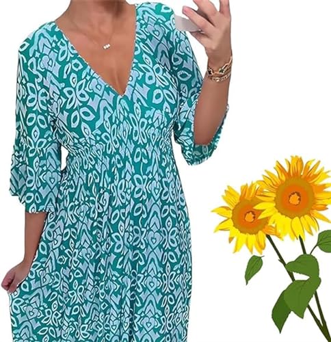 Vimlo Bohemian-Kleid for Damen, Übergröße, Sommer, Bohemian-Stil, lockerer, lässiger Druck, V-Ausschnitt, Geraffte Taille, 3/4-Ärmel, langes Kleid (Color : Blue, Size : XL) von Vimlo