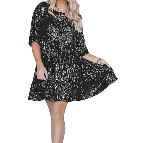 Vimlo Damen-Minikleid mit Glitzer, glitzernden Pailletten, Halbarm, hohe Taille, Kurze Kleider, abgestuftes Babydoll-Kleid, Party, Clubwear (Color : Black, Size : S) von Vimlo