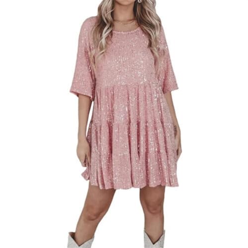 Vimlo Damen-Minikleid mit Glitzer, glitzernden Pailletten, Halbarm, hohe Taille, Kurze Kleider, abgestuftes Babydoll-Kleid, Party, Clubwear (Color : Pink, Size : L) von Vimlo