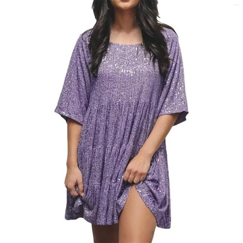 Vimlo Damen-Minikleid mit Glitzer, glitzernden Pailletten, Halbarm, hohe Taille, Kurze Kleider, abgestuftes Babydoll-Kleid, Party, Clubwear (Color : Purple, Size : L) von Vimlo