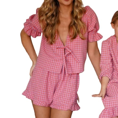 Vimlo Damen-Pyjama-Set, 2-teilig, Y2K-Karo-Pyjama, Shorts-Sets, Rüschen, kurzärmelige Hemden, Tops, Outfits, Pj Lounge, Nachtwäsche (Color : Pink, Size : L) von Vimlo