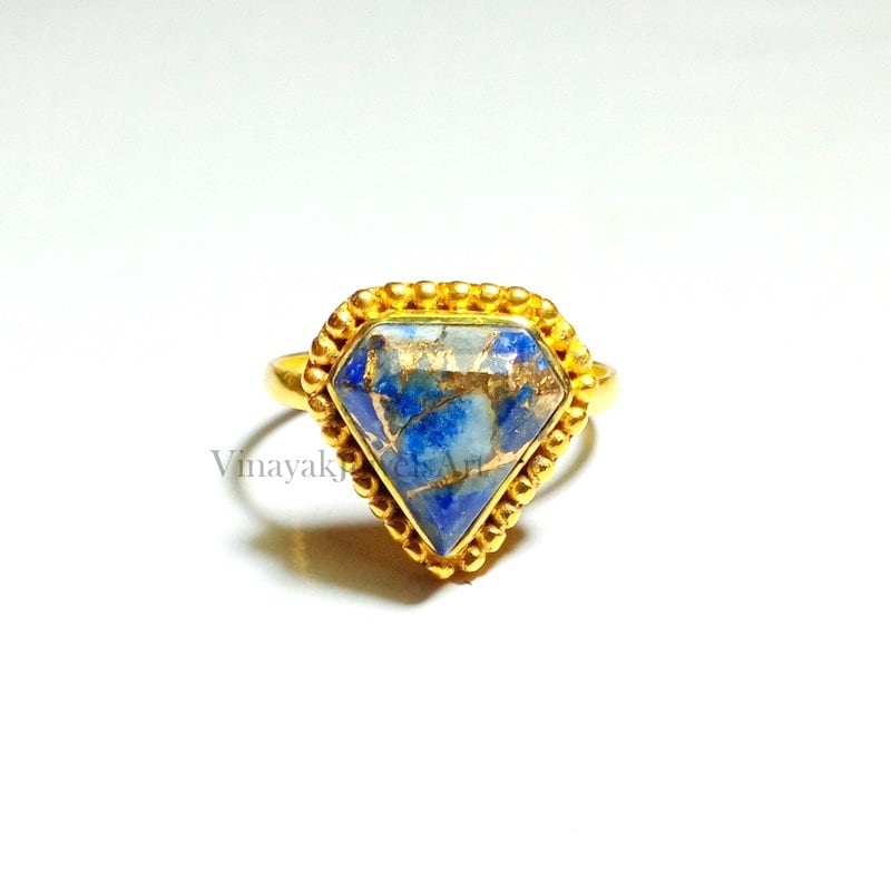 Lapis Kupfer Edelstein Ring - 12x12mm Diamant Form 18K Micron Vergoldeter 925 Sterling Silber Geschenk Für Frauen von VinayakJewelsArt