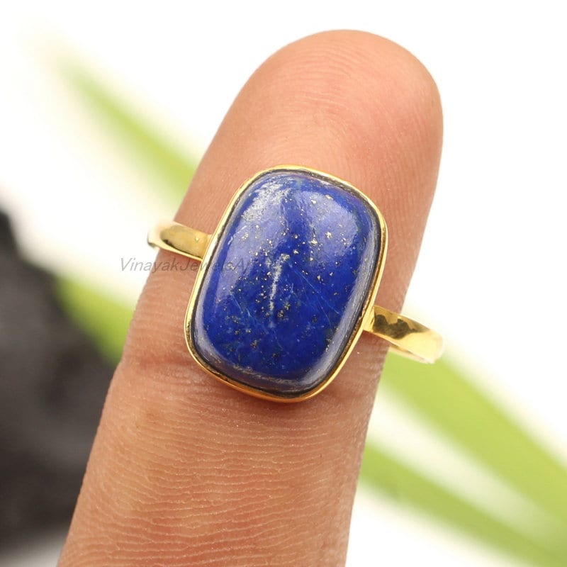 Natürlicher Lapis Lazuli Edelstein Ring - 10x14mm Kissen 925 Sterling Silber 18K Micron Vergoldeter Geschenk Für Frauen von VinayakJewelsArt