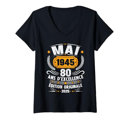 Damen Vintage Mai 1945 Geschenk Geburtstag 80 Jahre Männer Frauen T-Shirt mit V-Ausschnitt Damen Vintage Mai 1945 Geschenk Geburtstag 80 Jahre Männer Frauen T-Shirt mit V-Ausschnitt von Vintage Cadeau D'anniversaire 80 Ans Né En 1945