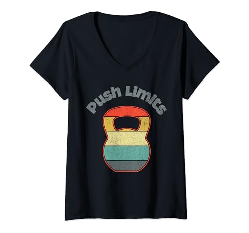 Damen Push Limits Vintage-Kettlebell-Training in Regenbogenfarben T-Shirt mit V-Ausschnitt von Vintage Muscle