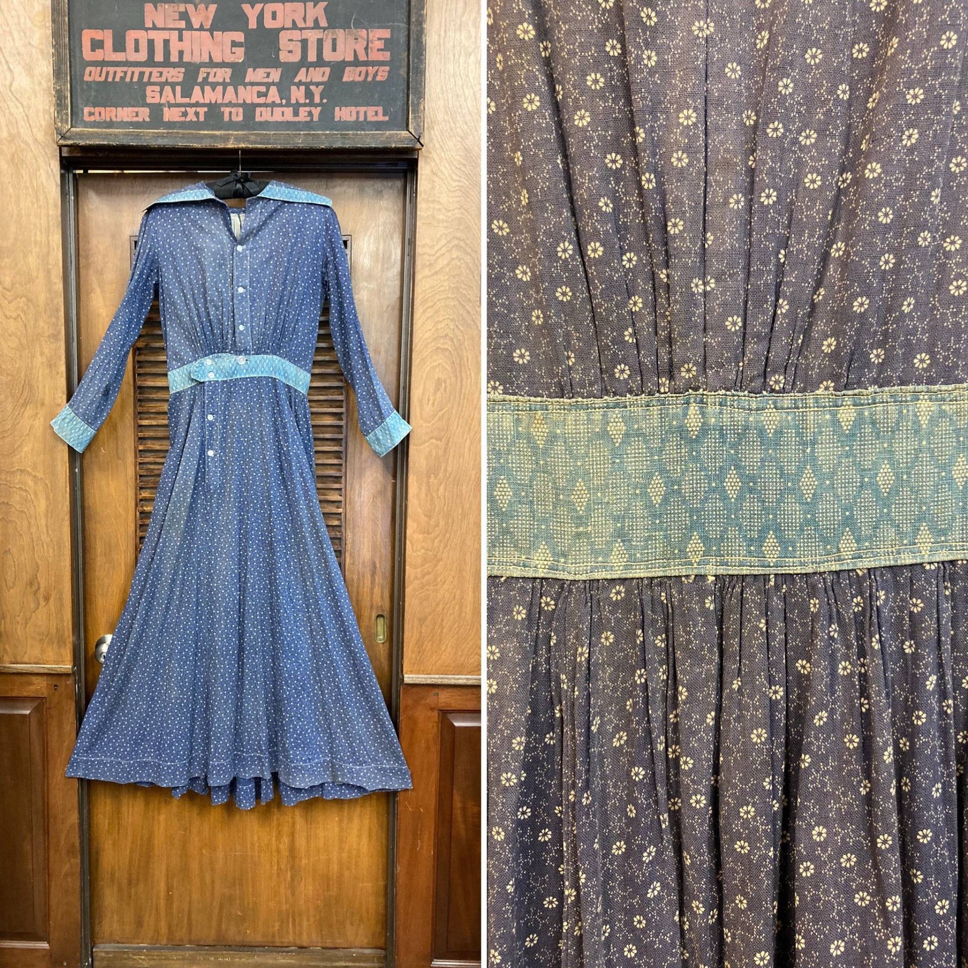 Vintage 1900 Es Blue Calico Prairie Workwear Cotton Rare Print Kleid, 1900Er Jahre von VintageOnHollywood