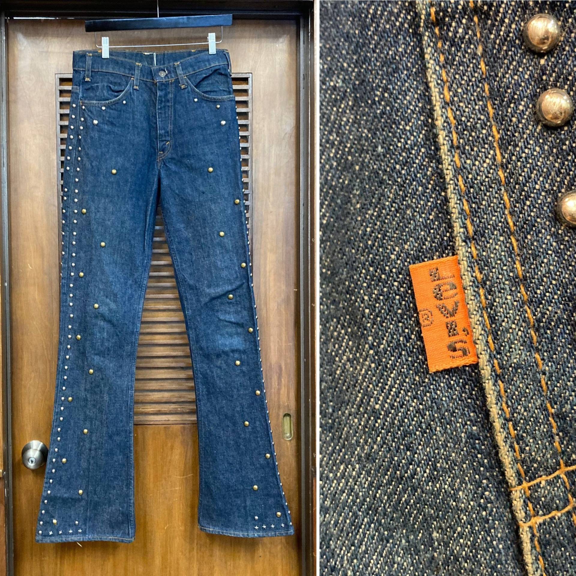 Vintage 1970Er Levi Es Orange Tab 646 Dark Denim Studded Flare Jeans, W30, 70Er Hippie Rocker, Kleidung von VintageOnHollywood