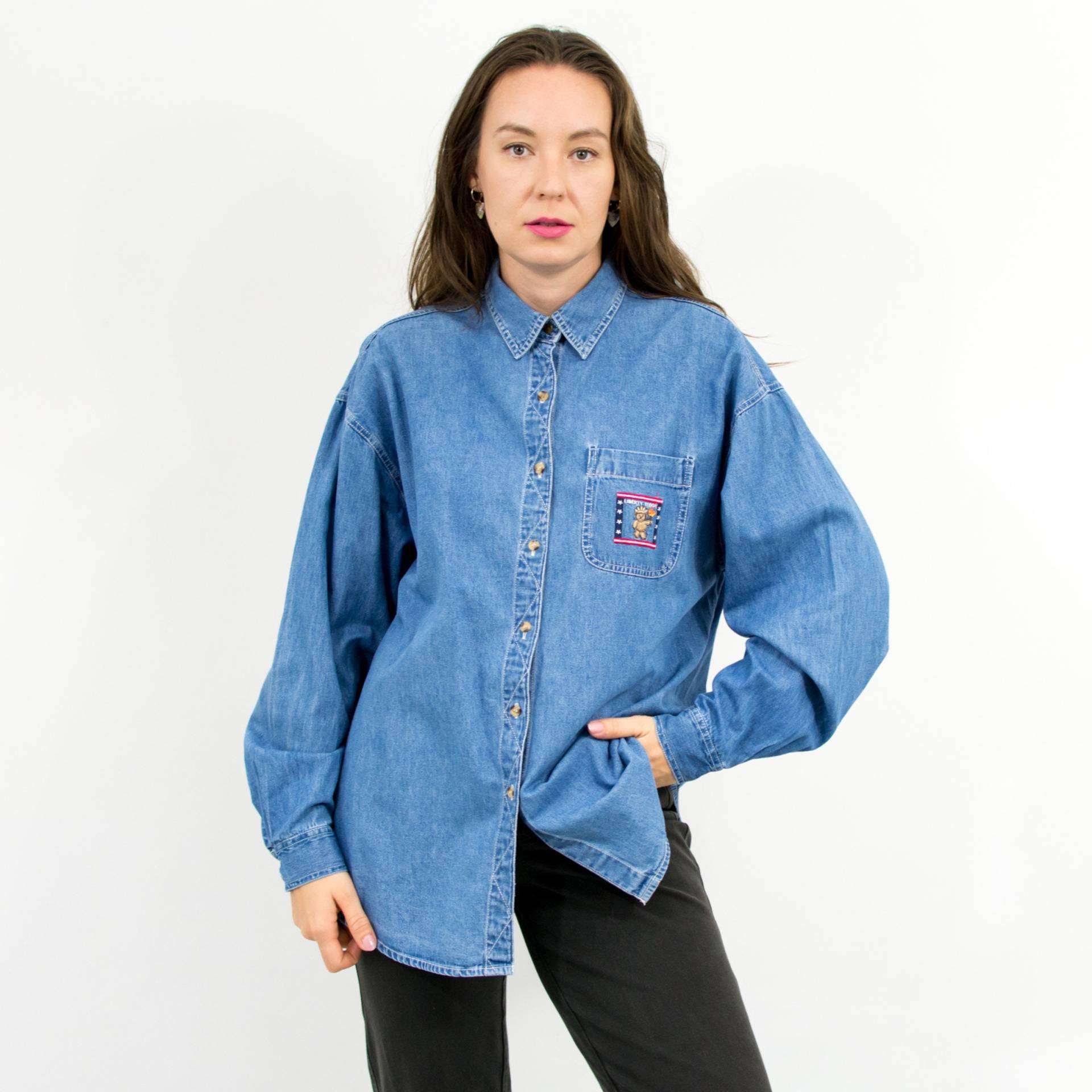 Vintage 90Er Jeans Shirt Teddy Bär Bestickt Langarm Frauen Größe Xl/Xxl von VintageShopGertrude