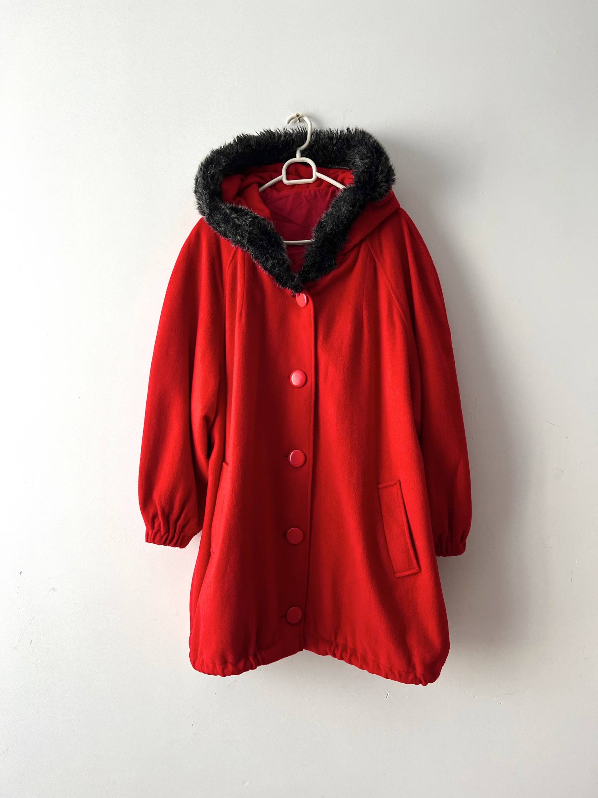 Vintage Damen Wolle Blend Parka Jacke Rot Cropped Mantel Mit Kapuze 90Er Oversize Hipster Größe Large von VintageSisBro