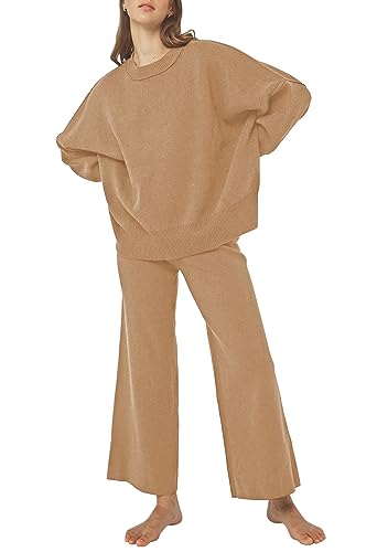 Viottiset Damen 2-Teilige Übergröße Loungewear Langarm Top Strickpullover Lounge Sets Outfits Trainingsanzüge Braun S von Viottiset