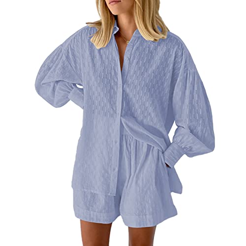 Viottiset Damen 2-Teiliges Outfit-Set Langarm Knöpfen Hemd Top Kurze Hose Kordelzug Lässiger Loungewear Pajamas Blau L von Viottiset