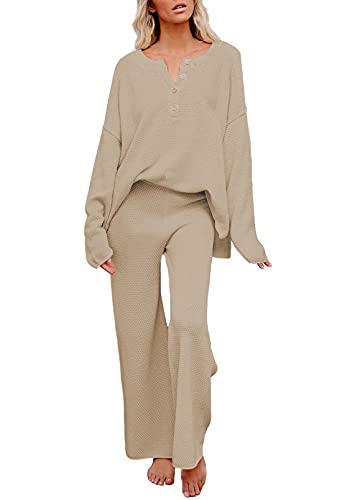 Viottiset Damen 2-Teiliges Outfit Set Langarm Knopf Strickpullover Weites Bein Hose Sweatsuit Jogginganzug Khaki Groß von Viottiset