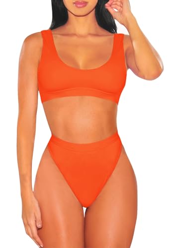 Viottiset Damen Bademode Crop Top Bikini Set Zweiteilige Badeanzug mit Hoher Taille Strandkleidung Bikinihose (L, Orange) von Viottiset