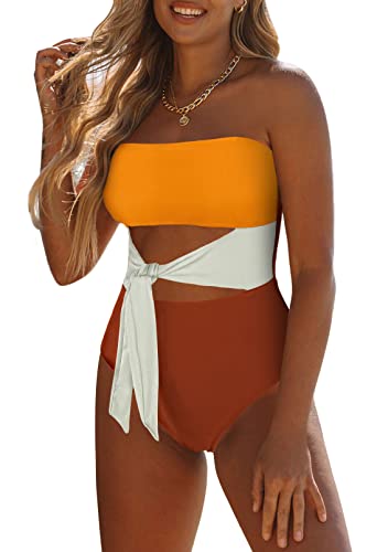 Viottiset Damen Bandeau Badeanzug Bauchweg Trägerloser Monokini Einteiler High Cut Waist Tie Badebekleidung Orange Weiß M von Viottiset
