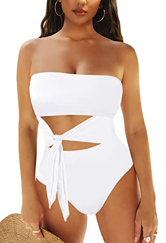 Viottiset Damen Bandeau Trägerloser Einteiler Wickel Badeanzug Hoher Schnitt Frecher Monokini Badebekleidung Weiss Small von Viottiset