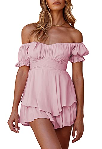 Viottiset Damen Boho Strampler Off Shoulder Rüschen Chiffon Shorts Jumpsuit Playsuit Print Minikleid Groß Rosa von Viottiset