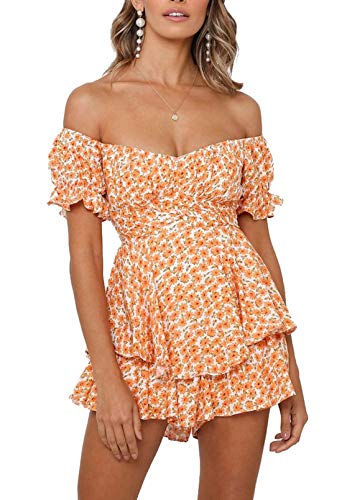 Viottiset Damen Boho Strampler Off Shoulder Rüschen Chiffon Shorts Jumpsuit Playsuit Print Minikleid Orange Klein von Viottiset