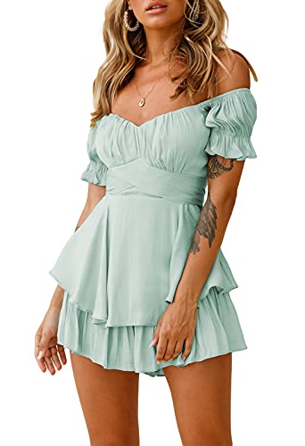 Viottiset Damen Boho Strampler Off Shoulder Rüschen Chiffon Shorts Jumpsuit Playsuit Print Minikleid Türkis Klein von Viottiset