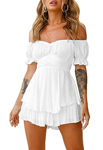 Viottiset Damen Boho Strampler Off Shoulder Rüschen Chiffon Shorts Jumpsuit Playsuit Print Minikleid Weiss Groß von Viottiset