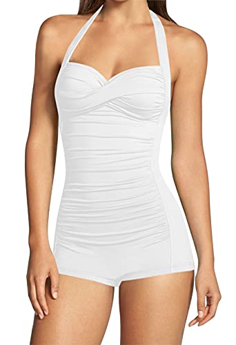 Viottiset Damen Einteiliger Badeanzug Bauchkontrolle Neckholder Twist Front Rüschen Bademode Monokini Taille Weiss Klein von Viottiset